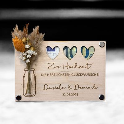 Grußkarte Geldgeschenk aus Holz zur Hochzeit mit Trockenblumen