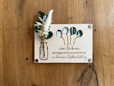 Grußkarte Geldgeschenk aus Holz zum Geburtstag mit Trockenblumen oder Jägermeister Shot