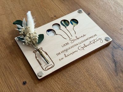 Grußkarte Geldgeschenk aus Holz zum Geburtstag mit Trockenblumen oder Jägermeister Shot