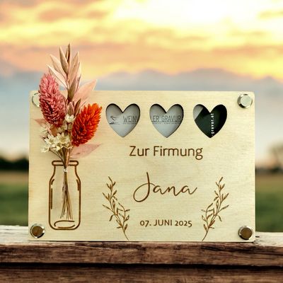 Grußkarte Geldgeschenk aus Holz zur Kommunion oder Firmung mit Trockenblumen