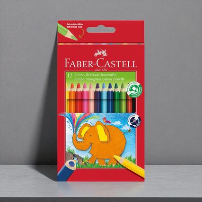 FABER-CASTELL Jumbo Buntstifte, 12 Farben | Personalisiert mit Name &amp; Symbol | Ergonomische Dreikant-Malstifte mit Jumbo-Mine (5,4 mm) | Extra dick &amp; kindgerecht ab 2 Jahren