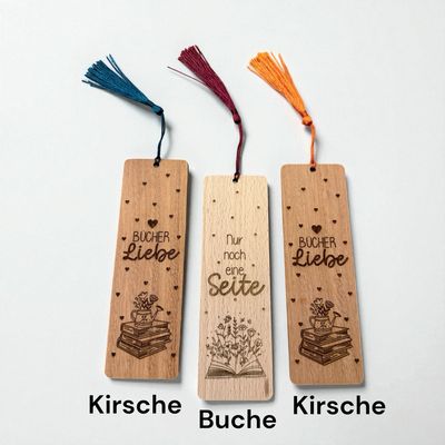 Lesezeichen verschiedene Designs aus Holz mit Quaste oder Lederband
