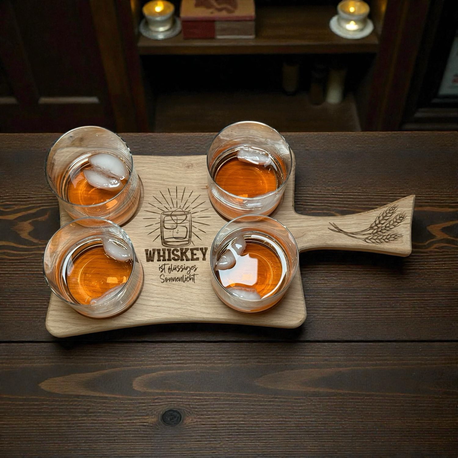 Whiskey Brett mit 4 Whiskey Gläsern personalisiert, Servierbrett, Whisky,