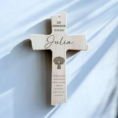 Holzkreuz aus Buche oder Eiche mit Wunschgravur, Geschenk Taufe, Firmung, Kommunion