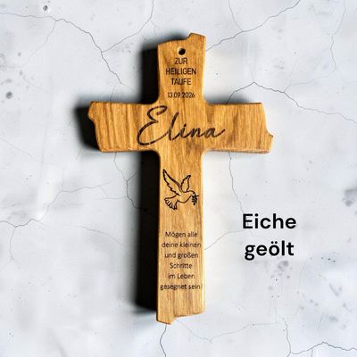 Holzkreuz aus Buche oder Eiche mit Wunschgravur, Geschenk Taufe, Kommunion, Firmung, Konfirmation