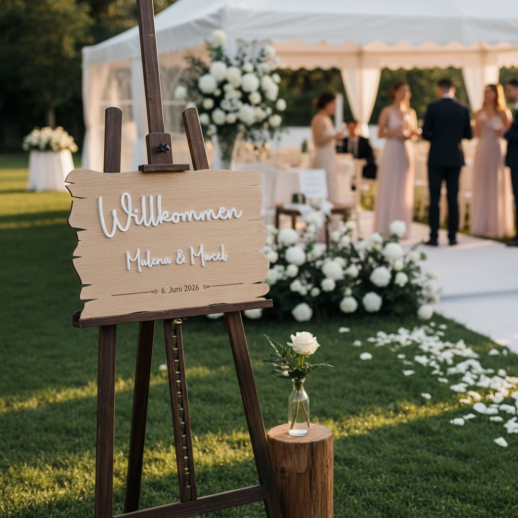 Hochzeit Holzschild aus Eiche, Buche oder Fichte mit Schriftzug „Willkommen“ und den Namen aus Acryl mit 3D Effekt und graviertem Datum. Eichenholz-Schild, Empfang