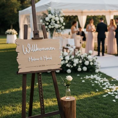 Hochzeit Holzschild aus Eiche, Buche oder Fichte mit Schriftzug „Willkommen“ und den Namen aus Acryl mit 3D Effekt und graviertem Datum. Eichenholz-Schild, Empfang Hochzeit Holzschild aus Eiche, Buche oder Fichte mit Schriftzug „Willkommen“ und den Namen aus Acryl mit 3D Effekt und graviertem Datum. Eichenholz-Schild, Empfang
