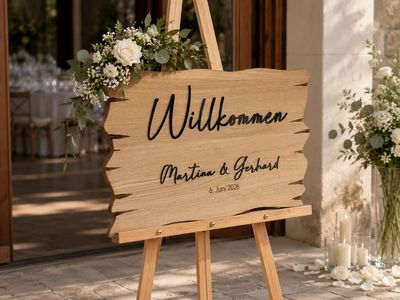 Hochzeit Holzschild aus Eiche, Buche oder Fichte mit Schriftzug „Willkommen“ und den Namen aus Acryl mit 3D Effekt und graviertem Datum. Eichenholz-Schild, Empfang