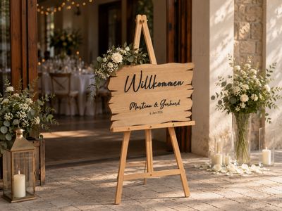 Hochzeit Holzschild aus Eiche, Buche oder Fichte mit Schriftzug „Willkommen“ und den Namen aus Acryl mit 3D Effekt und graviertem Datum. Eichenholz-Schild, Empfang