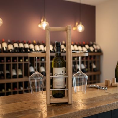 Handgefertigter personalisierter Weinflaschenträger aus Eichenholz bietet Platz für verschiedene Flaschenformate mit zwei Glashaltern, Geschenk, Flaschenträger, Geburtstag, Wein
