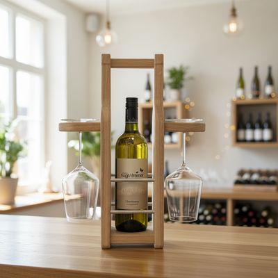 Handgefertigter personalisierter Weinflaschenträger aus Eichenholz bietet Platz für verschiedene Flaschenformate mit zwei Glashaltern, Geschenk, Flaschenträger, Geburtstag, Wein