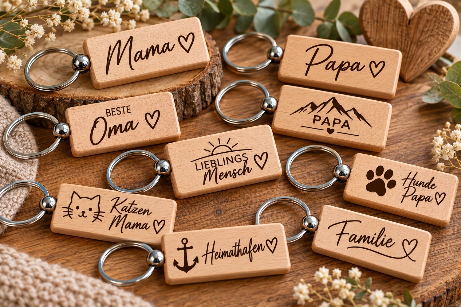 Personalisierter rechteckiger Holz-Schlüsselanhänger