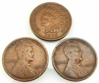 (3)1909 -VDB, Indian Head Full Liberty Lincoln Wheat Penny - US Coin ~#3250