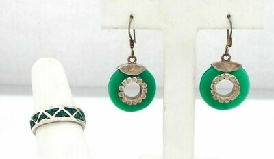 Vintage Sterling Lot - Earring and Ring - Green Gemstone ~#3072