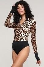 Zipper Long Sleeve Leopard Print Bodysuit