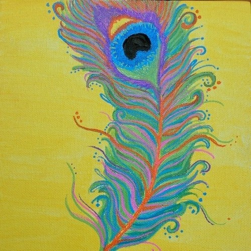 Beautiful Embellished Peacock feather SIGNED ORIGINAL acrylic painting on canvas board, approx 8x10 in 