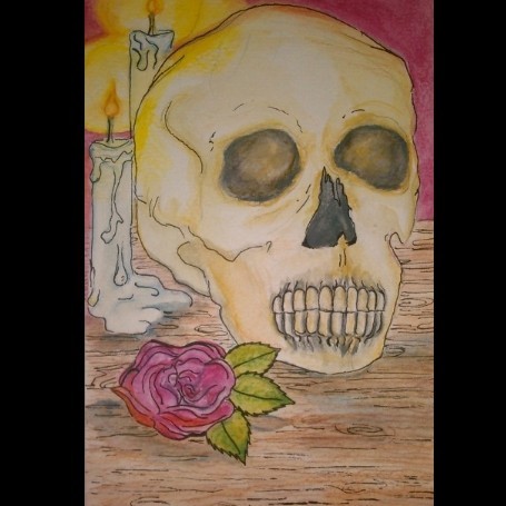 Vanitas-style watercolor and ink ORIGINAL painting on Bristol board (approx4x6in), available with a black or red background