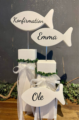 Stele mit Fisch oder Blume zur Taufe, Kommunion oder Konfirmation in 2 Größen, Preis je Stück
