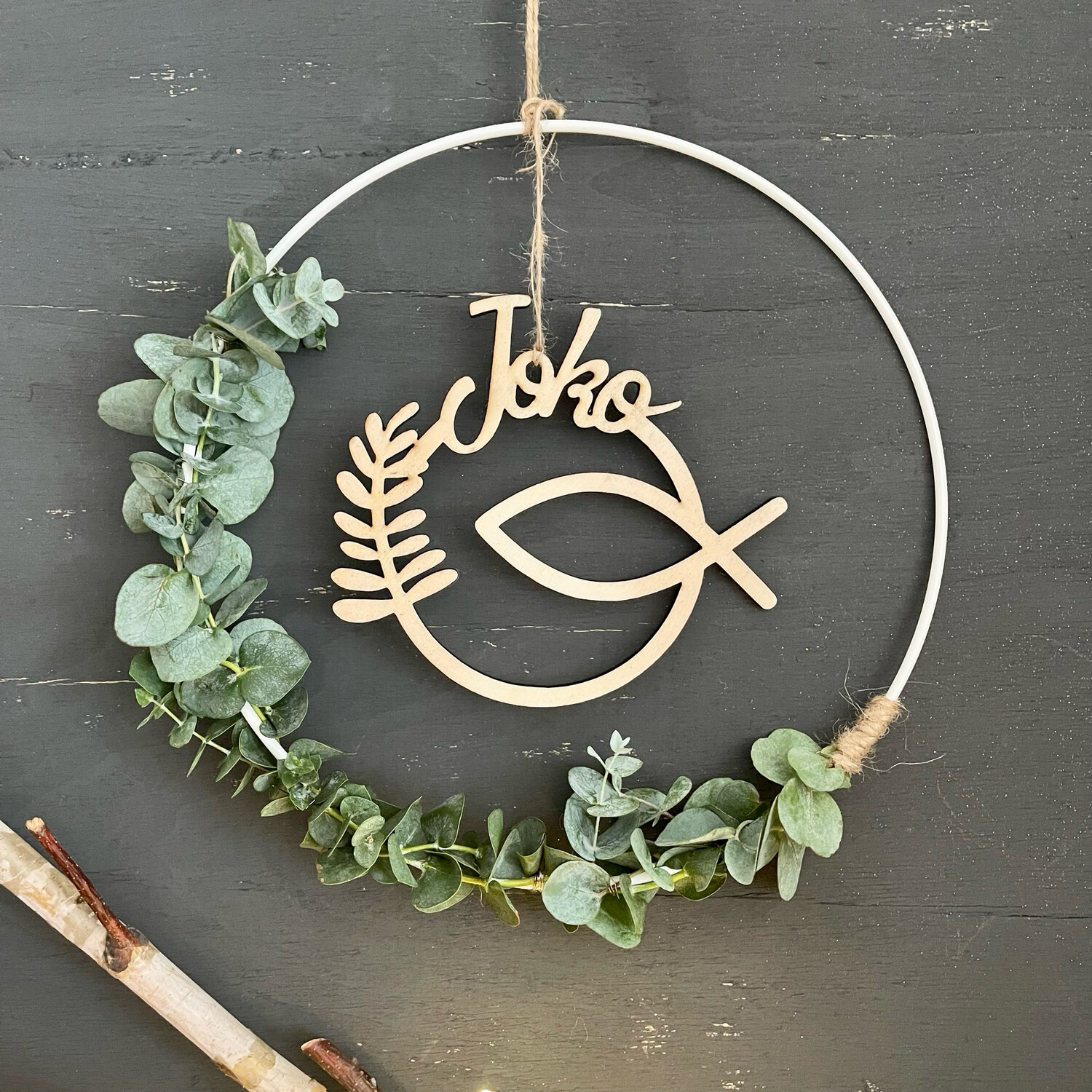 3teiliges Set bestehend aus Tischaufsteller, Türkranz ohne Eukalytus und Cake-Topper zur Taufe, Kommunion oder Konfirmation
