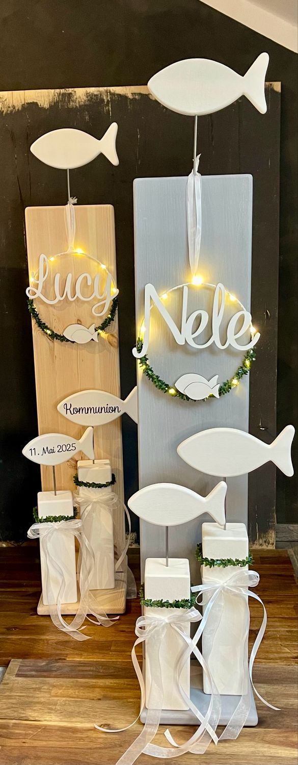 Baukasten für Taufe, Kommunion und Konfirmation - Stele mit Fisch aus Holz,  Preis ab