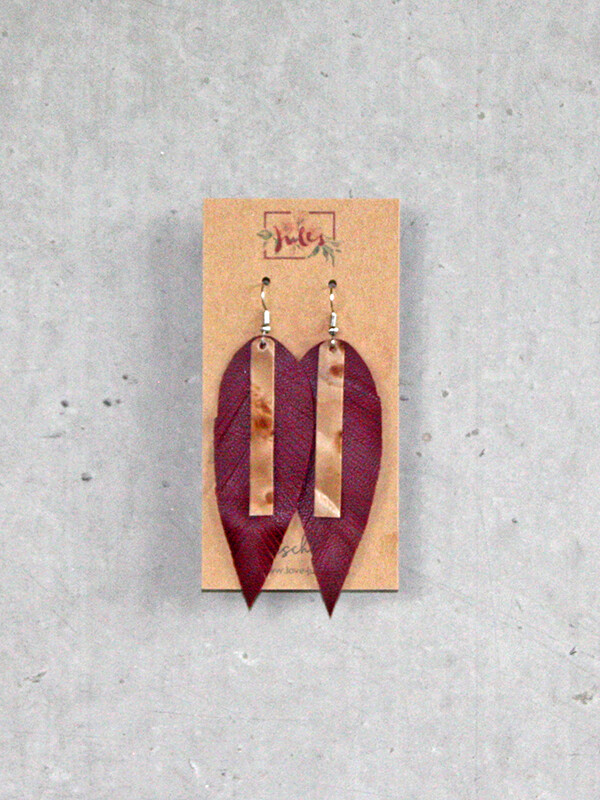 Ohrringe | länge Blätter bordeaux & Holz