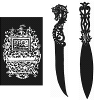Wandkästchen und 2 Brieföffner Wandkästchen und 2 Brieföffner
