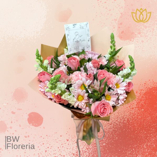 12 rosas rosadas en bouquet mixto💌