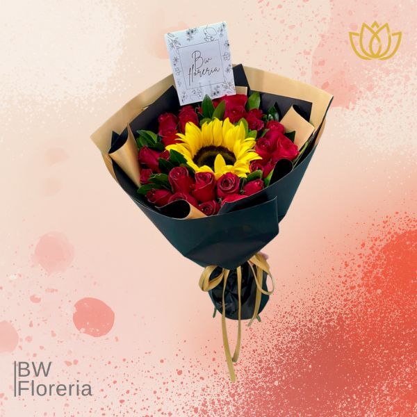 RAMO DE 24 ROSAS ROJAS Y GIRASOL