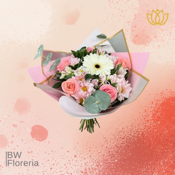 Bouquet de una gerbera y rosas rosas