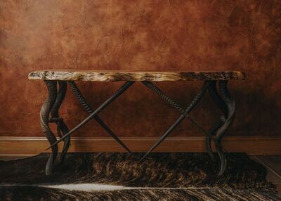 LIVE EDGE MESQUITE WOOD SOFA TABLE WITH AFRICAN HORN BASE