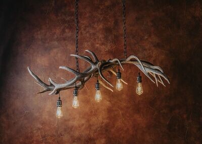5 LT. ELONGATED RED STAG & ELK CHANDELIER WITH EDISON BULBS