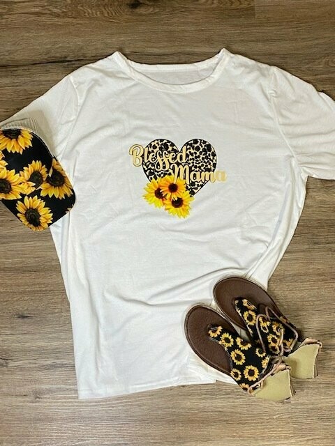 White Sunflower Leopard Heart-shaped Print  Short Sleeve Casual Tee