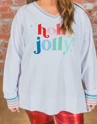 Jadelynn Brooke - Holly Jolly Embroidery - Corded Sweatshirt - White Decorative Rib - ( S - Xl )