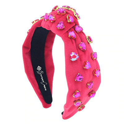 Brianna Cannon - Velvet Headband W/ Hand Sewn Hot Pink Crystal Hearts - Hot Pink