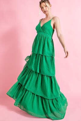 Ee:some - V- Neck Tiered Sleeveless Maxi Dress - Kelly Green , Off White