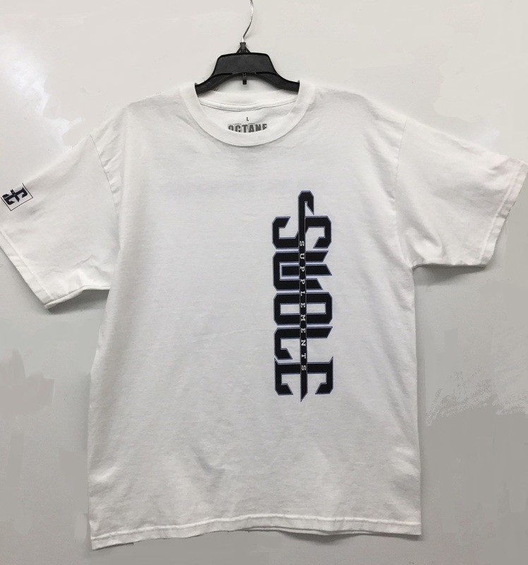 SWOLE SUPPLEMENTS - 100% COTTON OCTANE SERIES SHIRT (WHITE WITH BLACK & BLUE PRINT)
