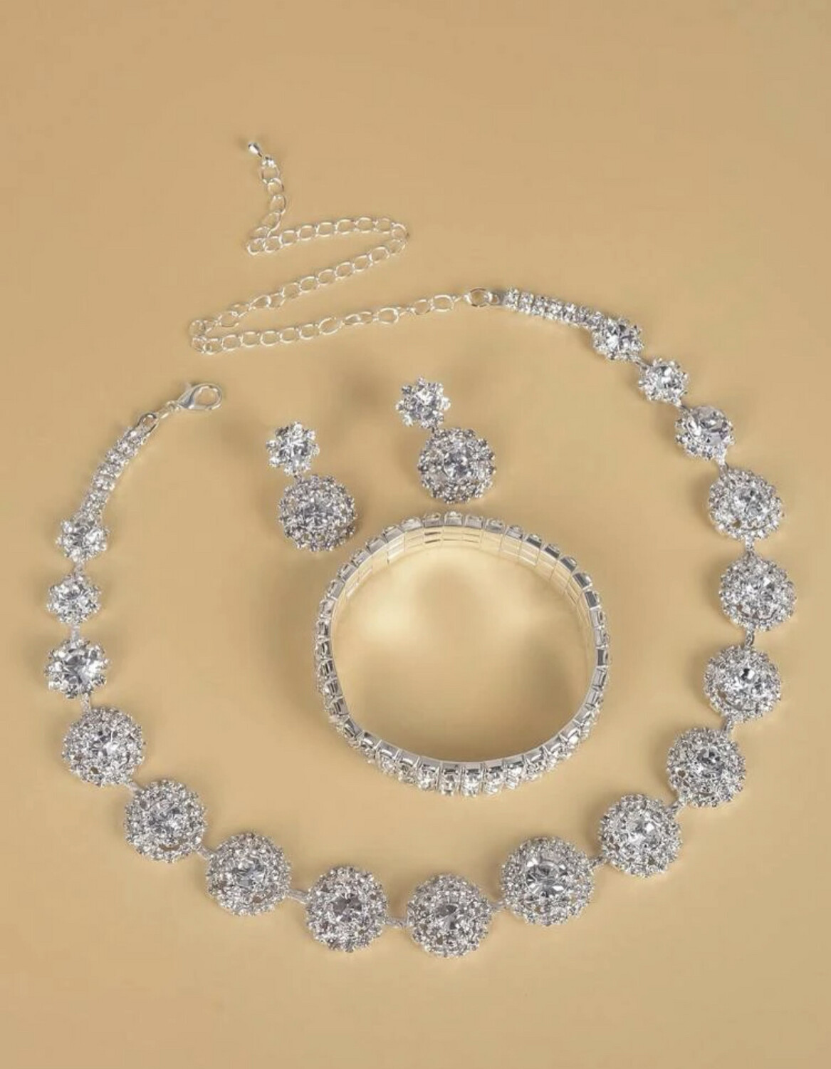 4pcs/set Diamond Circle Chain Necklace &amp; Chain Bracelet &amp; Drop Earrings