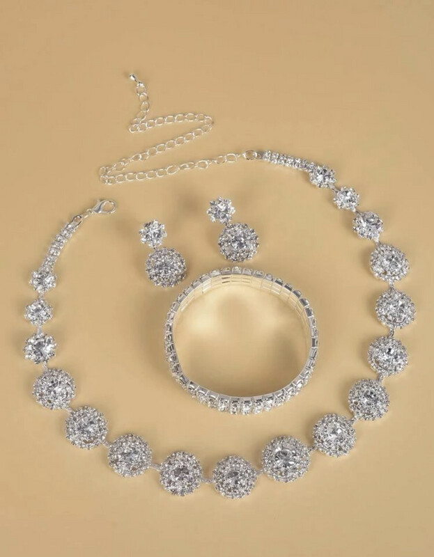4pcs/set Diamond Circle Chain Necklace &amp; Chain Bracelet &amp; Drop Earrings