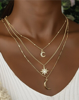 Moon &amp; Star Pendant Layered Necklace