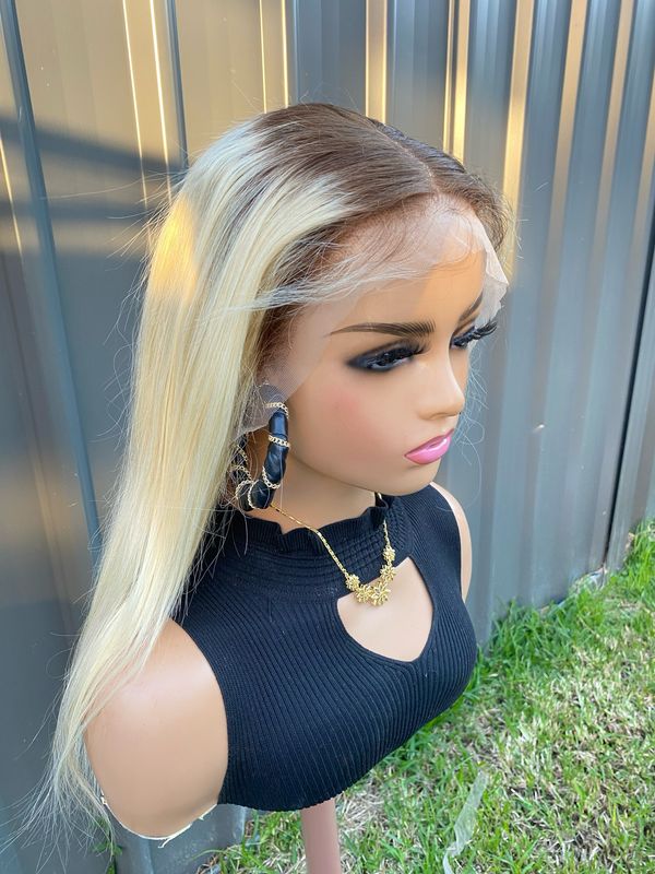 Blond With Brown Human Hair Straight Wig 20 Inches