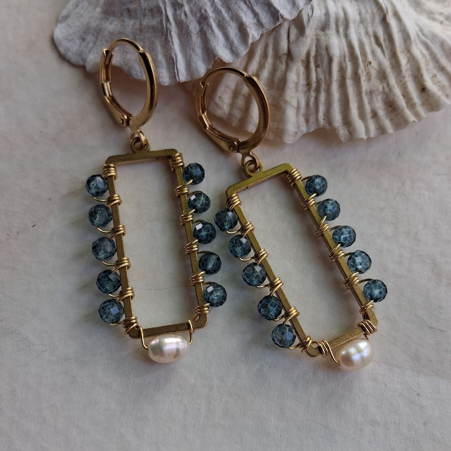 Window Earrings Blue Topaz and Freshwater Pearl Large