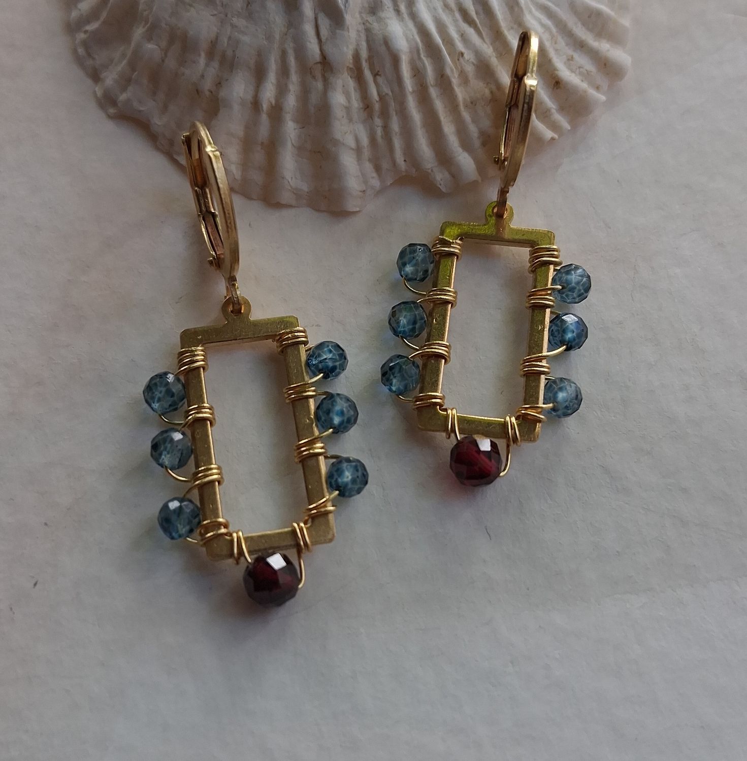 Window Earrings Blue Topaz and Garnet Small