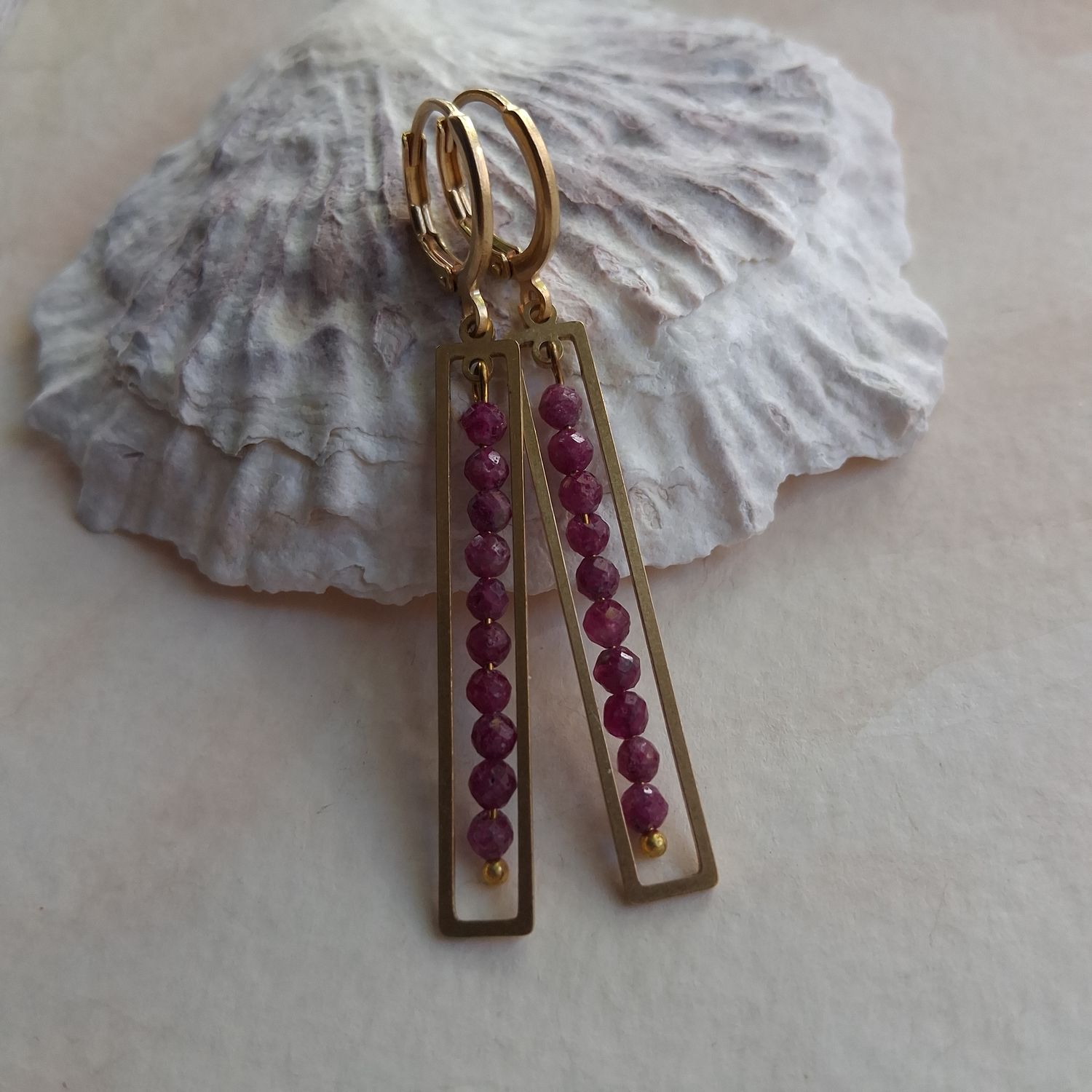 Faceted ruby and Brass earrings