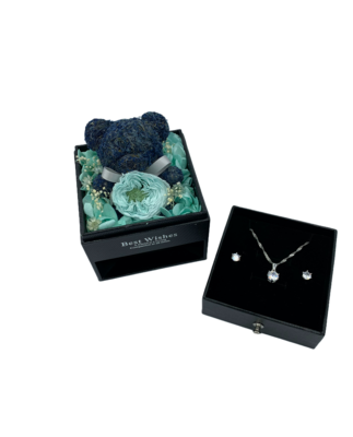 Real Preserved Blue Rose Carried by Bear - Gift Box with Jewelry