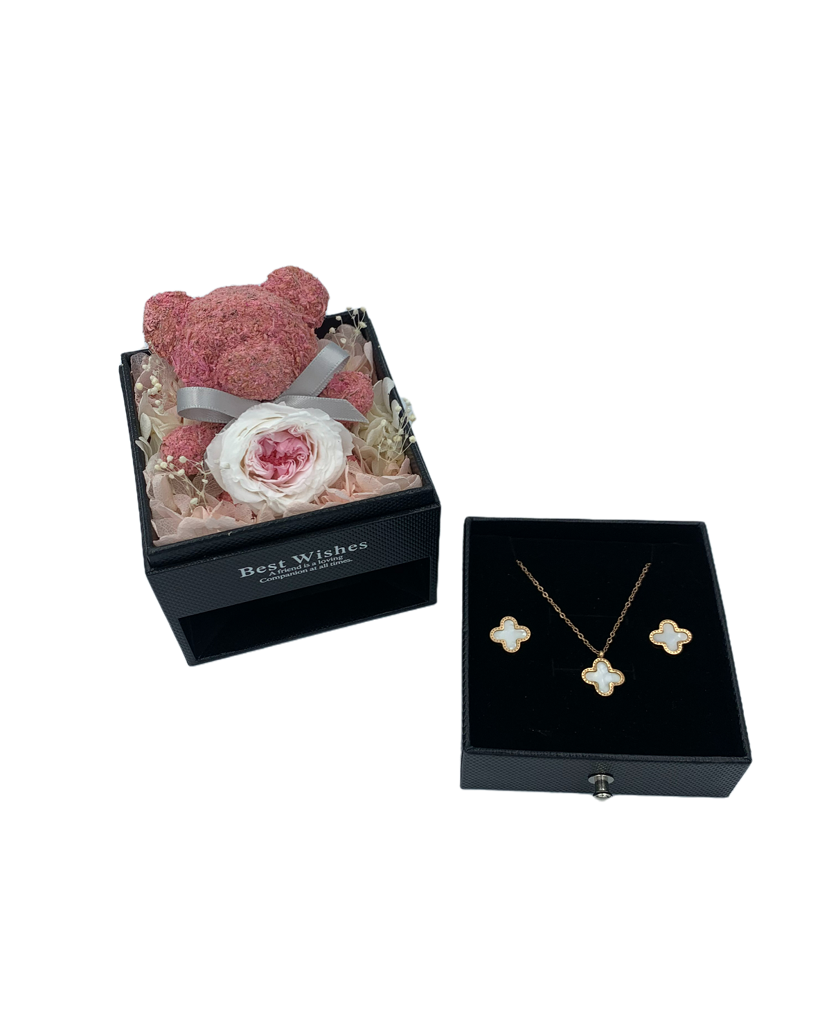 Real Preserved Pink Rose Carried by Bear - Gift Box with Jewelry