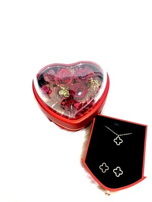 Heart Shape Gift Box - Real Preserved Triple Roses with Jewelry