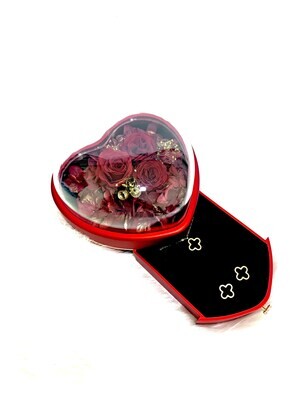 Heart Shape Gift Box - Real Preserved Triple Roses with Jewelry