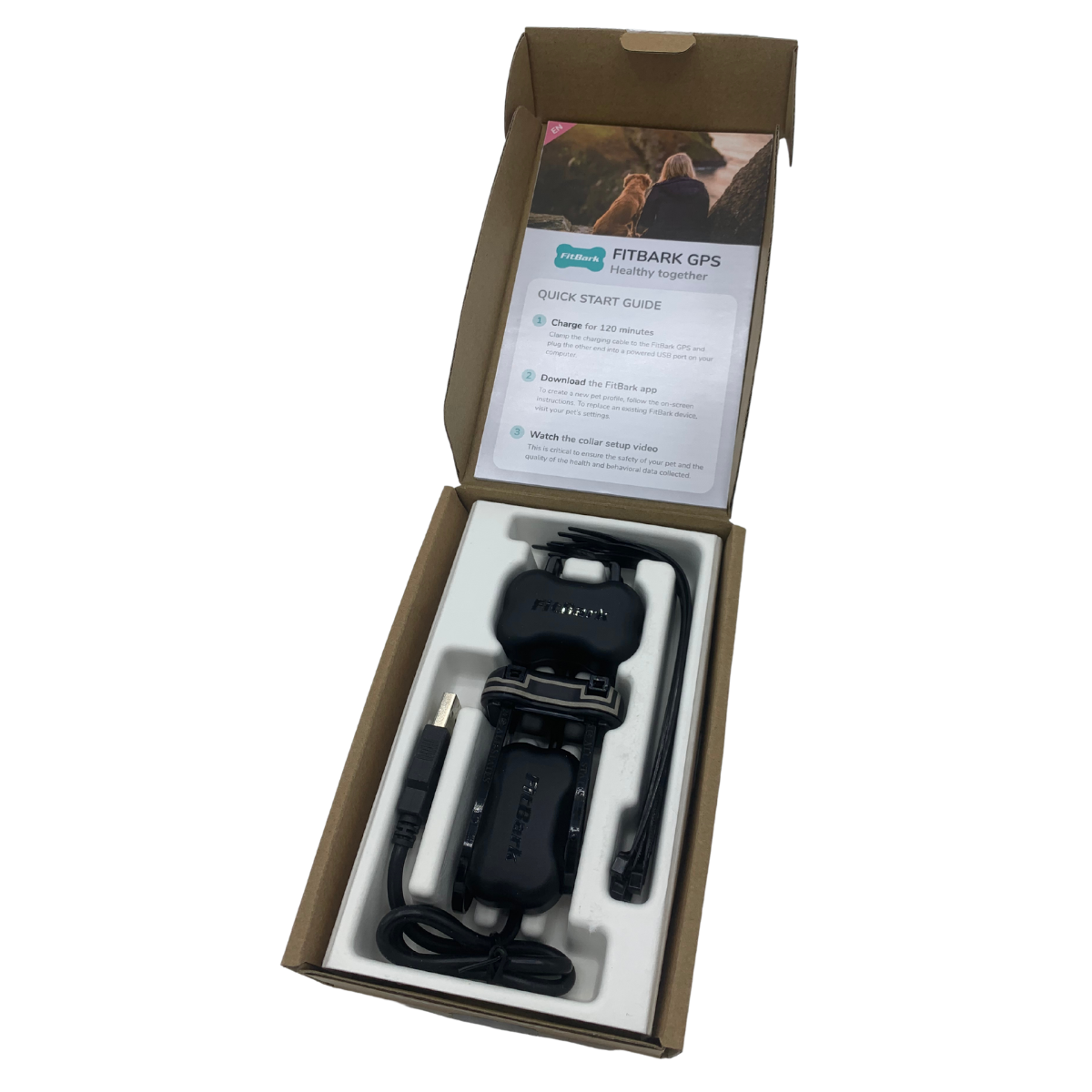 FitBark GPS 2nd Generation unboxed, showing device, collar clip, and quick start guide