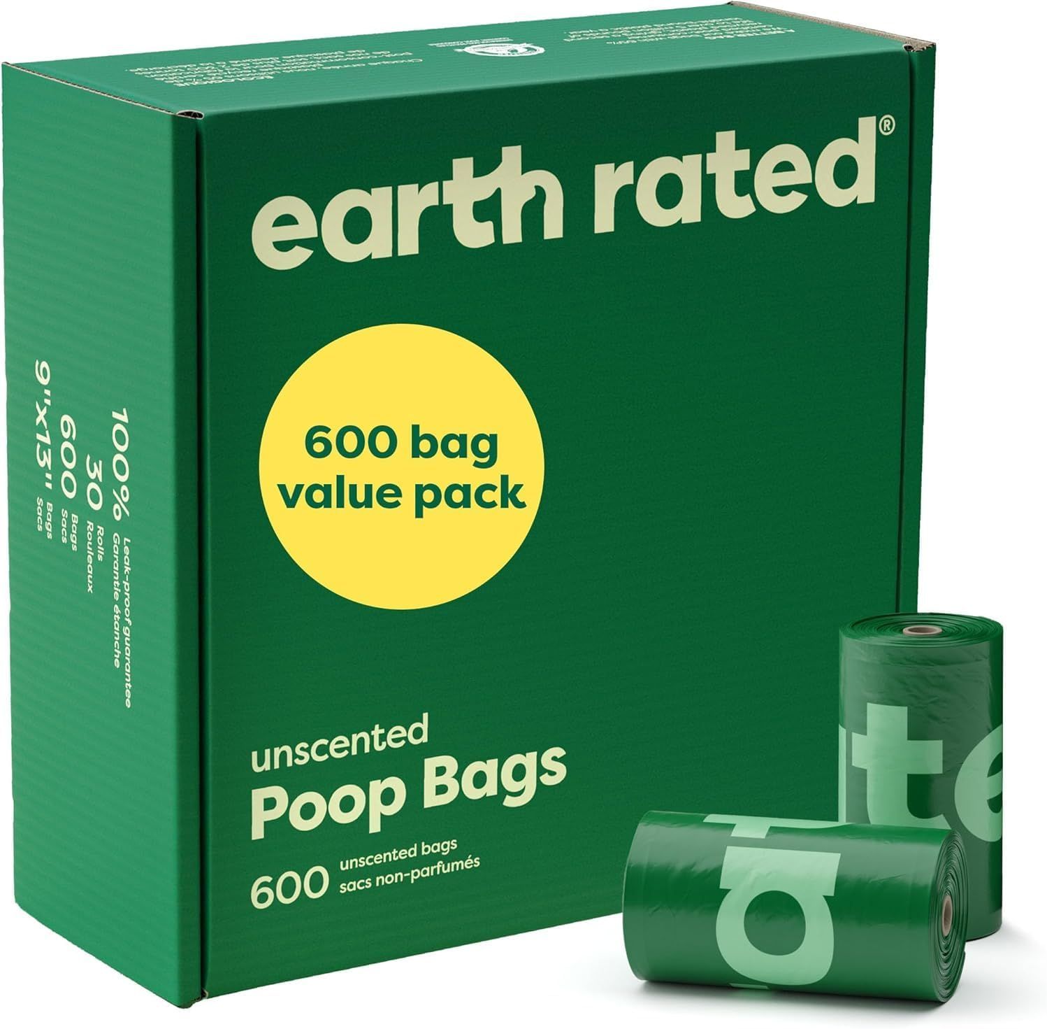 Earth Rated 600-count unscented dog poop bags, bulk value pack box with two rolls shown