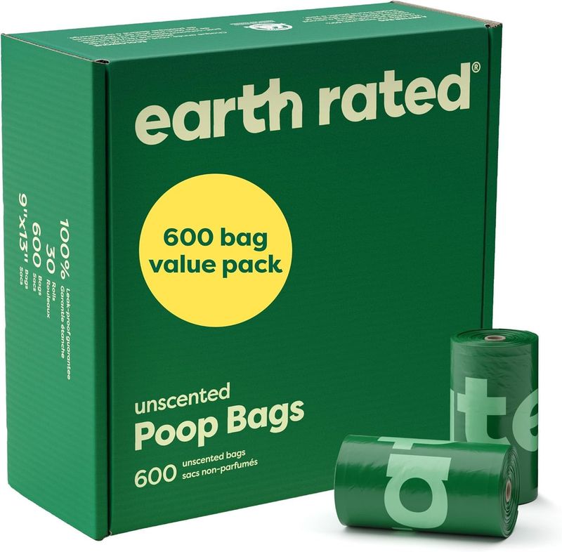 Earth Rated 600-count unscented dog poop bags, bulk value pack box with two rolls shown